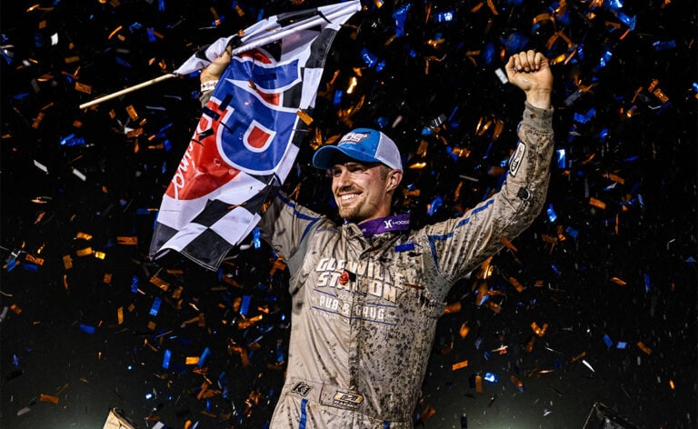 Chase Dietz celebrates at Williams Grove Speedway