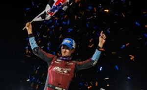 Buddy Kofoid celebrates at Millstream Speedway