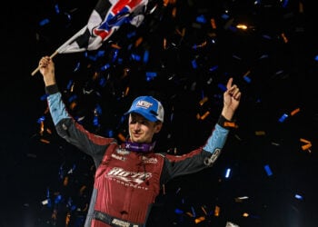 Buddy Kofoid celebrates at Millstream Speedway