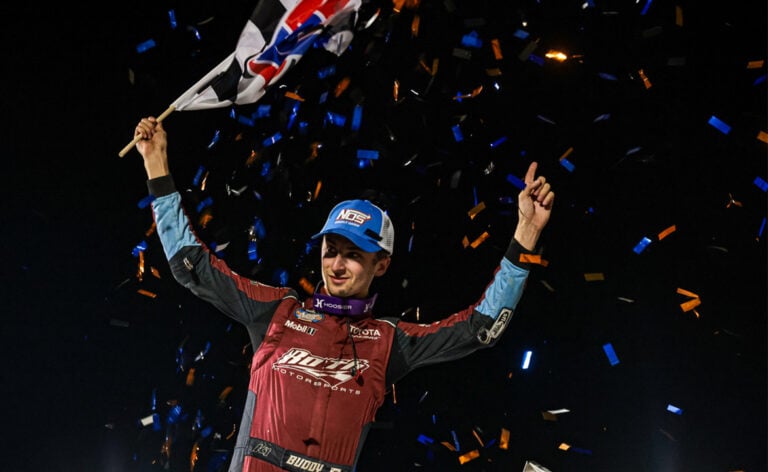 Buddy Kofoid celebrates at Millstream Speedway