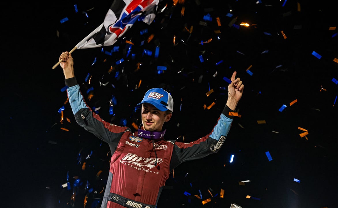 Buddy Kofoid celebrates at Millstream Speedway
