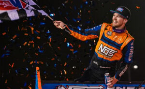 Sheldon Haudenschild celebrates at Sharon Speedway