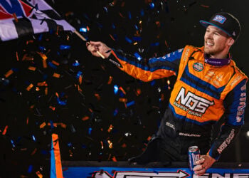 Sheldon Haudenschild celebrates at Sharon Speedway