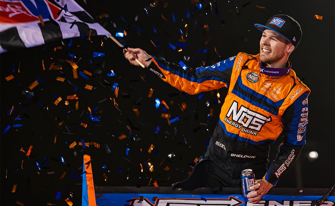 Sheldon Haudenschild celebrates at Sharon Speedway