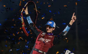 Buddy Kofoid celebrates at Belle-Clair Fairgrounds Park Speedway