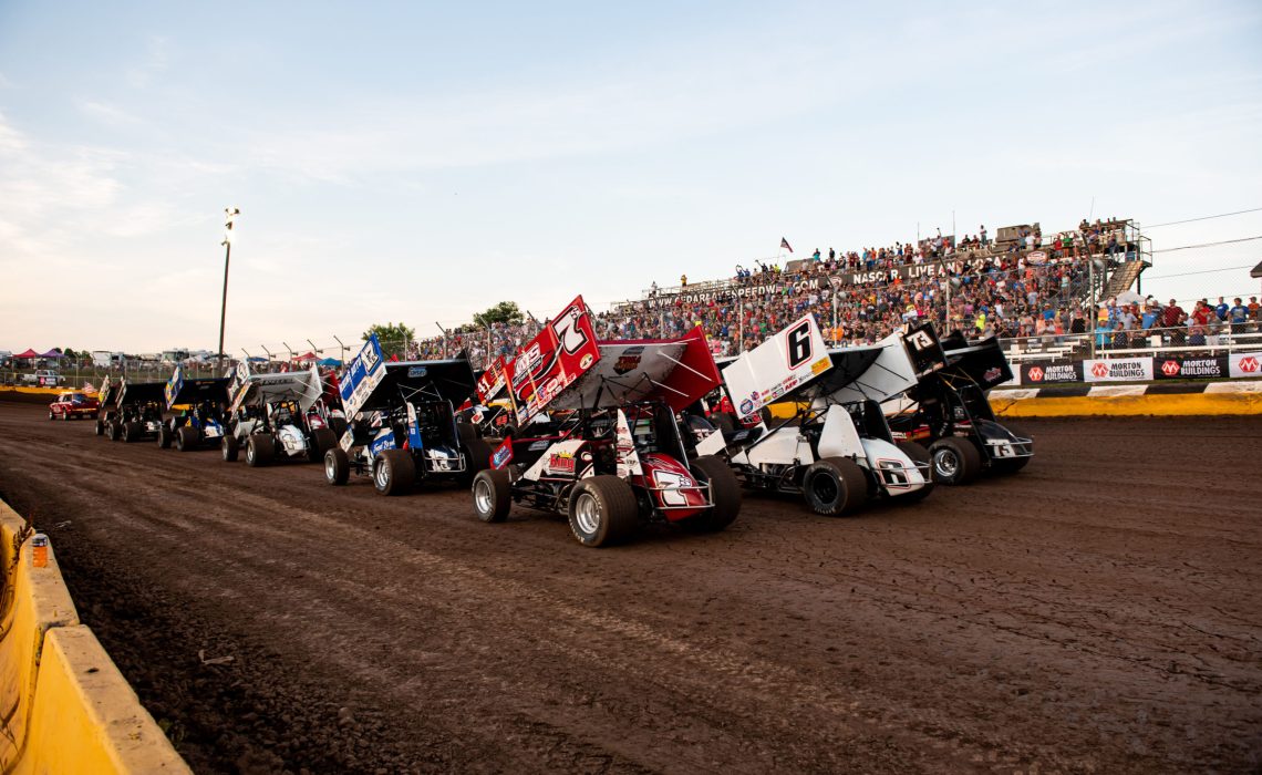 World of Outlaws NOS Energy Drink Sprint Cars rumble down the backstretch in 2020 at Cedar Lake Speedway.