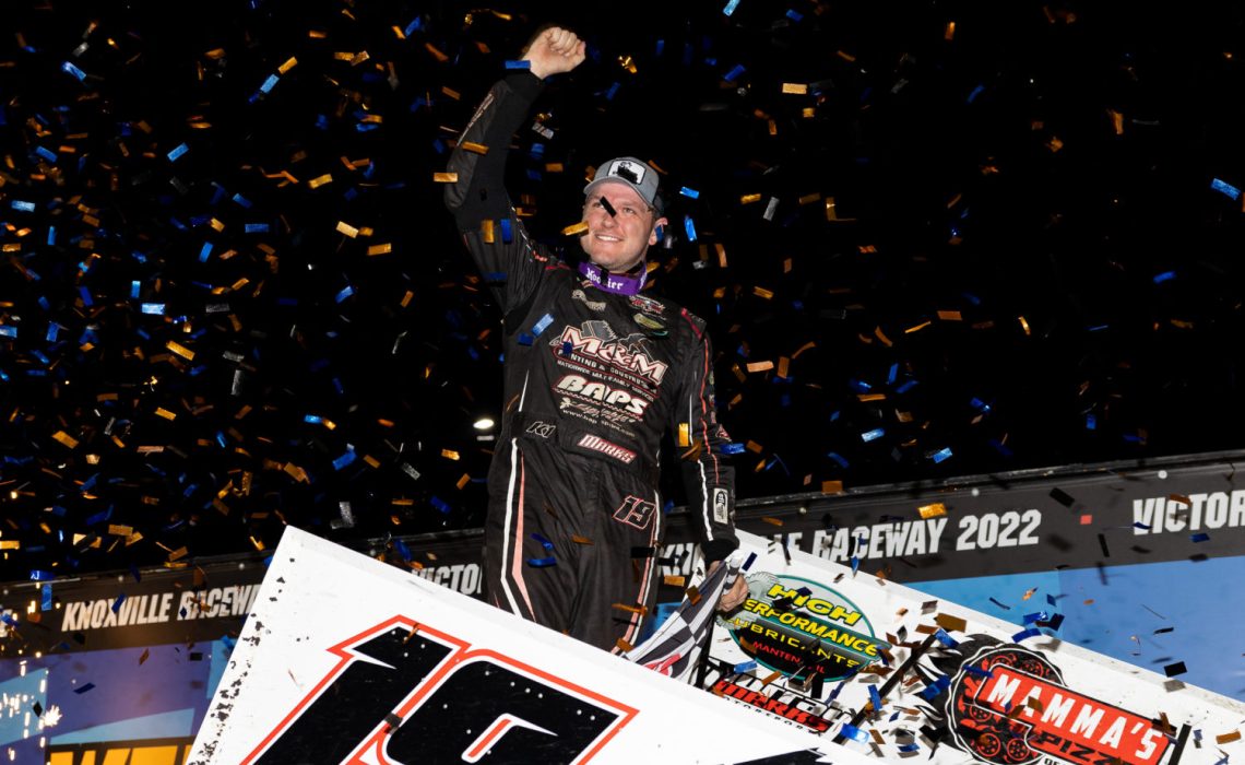 Marks celebrates his 10th career World of Outlaws Feature win (Trent Gower Photo)