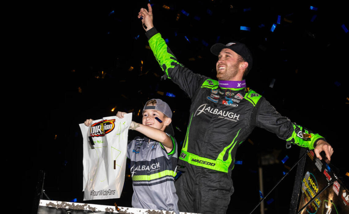 Carson Macedo celebrates Devil's Bowl win with a wing dance with Jaxx Johnson joining him