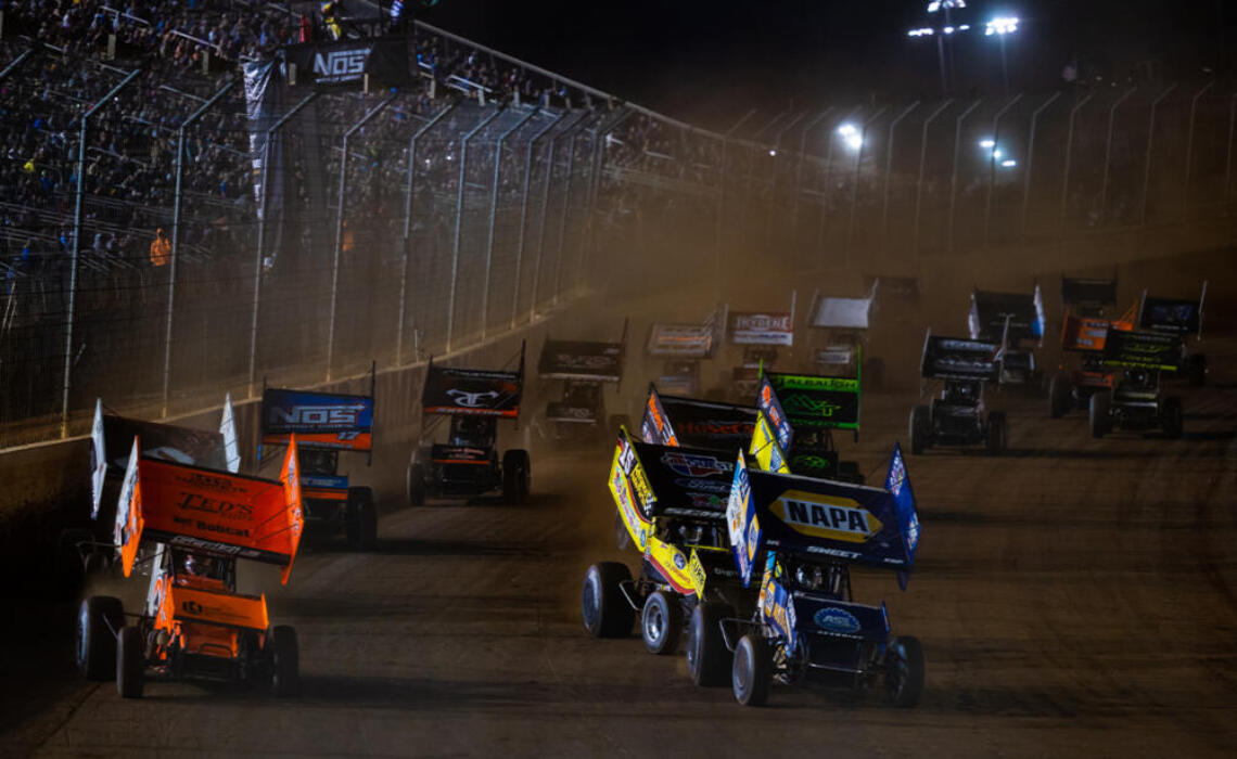 The World of Outlaws NOS Energy Drink Sprint Cars take the green flag for a Feature at The Dirt Track at Charlotte
