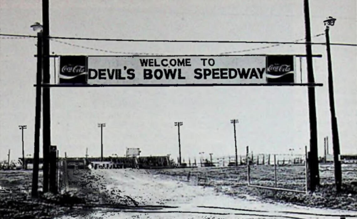 The Devil's Bowl Speedway entrance sign from 1978