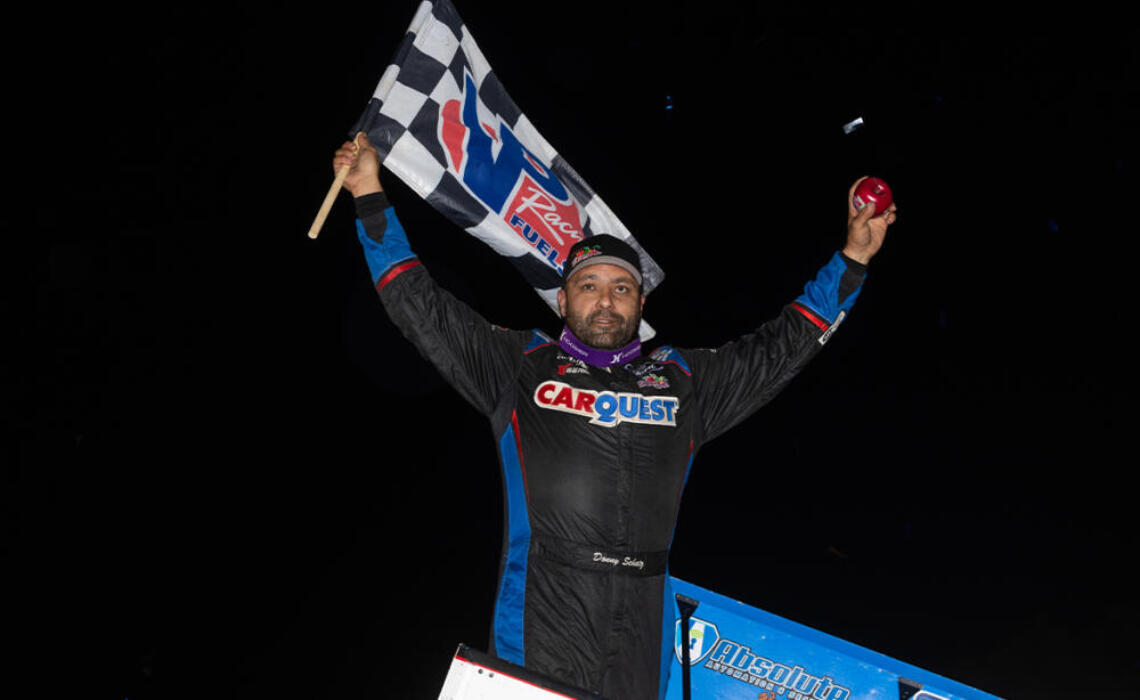 Donny Schatz celebrates his Lakeside Speedway win with a wing dance