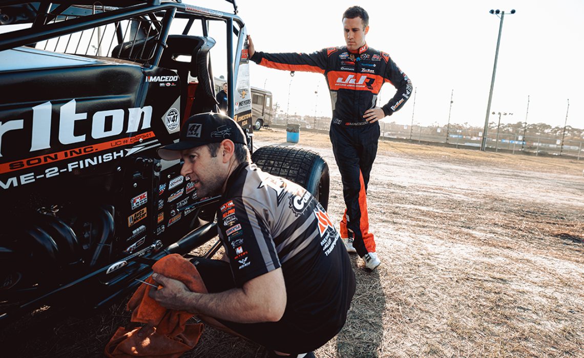 Macedo is the fifth driver in five years that Phil Dietz has led to a World of Outlaws win. [Trent Gower]
